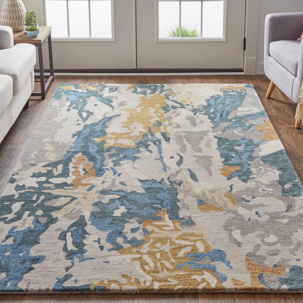 Everley Modern Abstract Gray Blue Gold Area Rug (2' x 3')