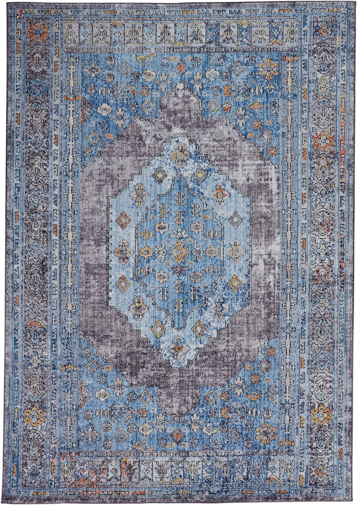 Armant Traditional Medallion Blue Gray Gold Area Rug (6'7" x 9'6")