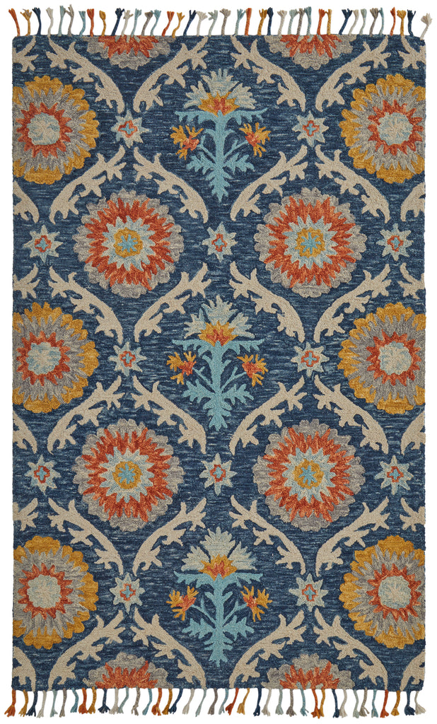 Abelia Transitional Floral Botanical Blue Yellow Orange Area Rug (5' x 8')