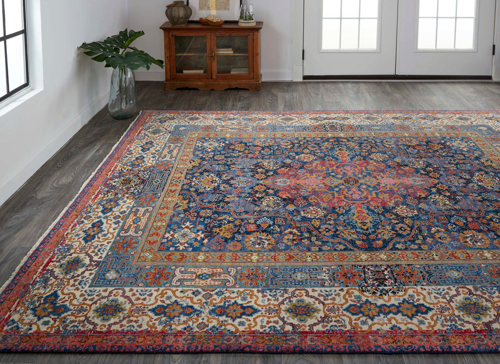 Dalia Luxe Modern Oriental Blue Red Ivory Area Rug (9'6" x 13'6")