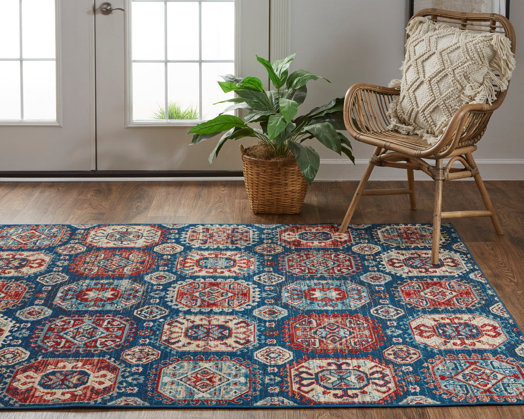 Nolan Transitional Patchwork Blue Red Tan Area Rug (6'5" x 9'6")