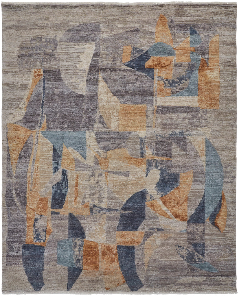 Salina Transitional Abstract Gray Blue Orange Area Rug (5'6" x 8'6")