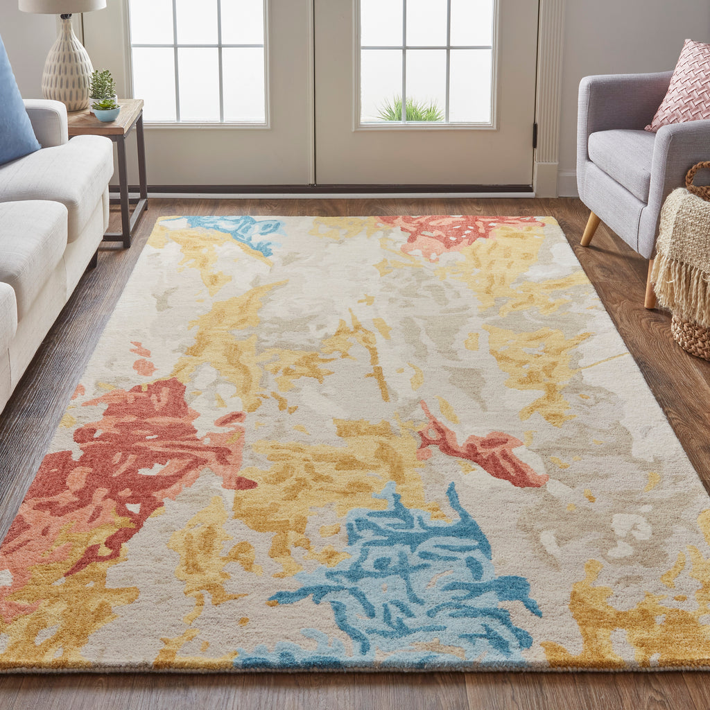 Everley Modern Abstract Ivory Yellow Blue Area Rug (4' x 6')