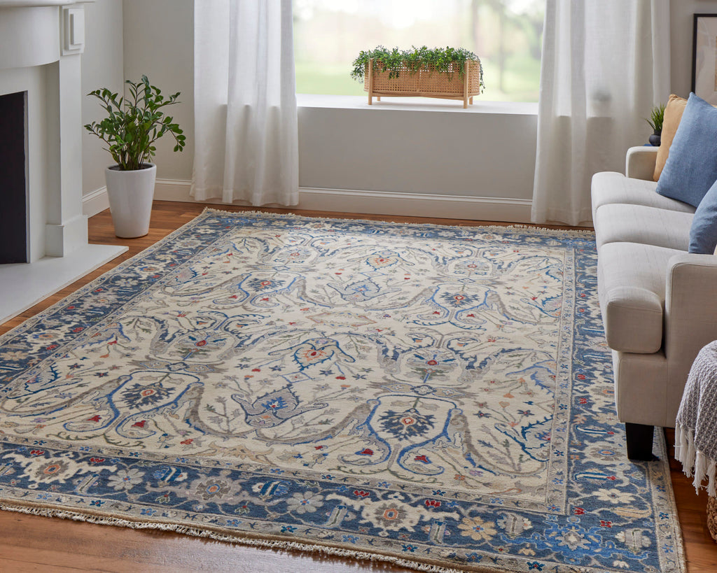 Bhatia Traditional Oriental Ivory Blue Tan Area Rug (11'6" x 15')