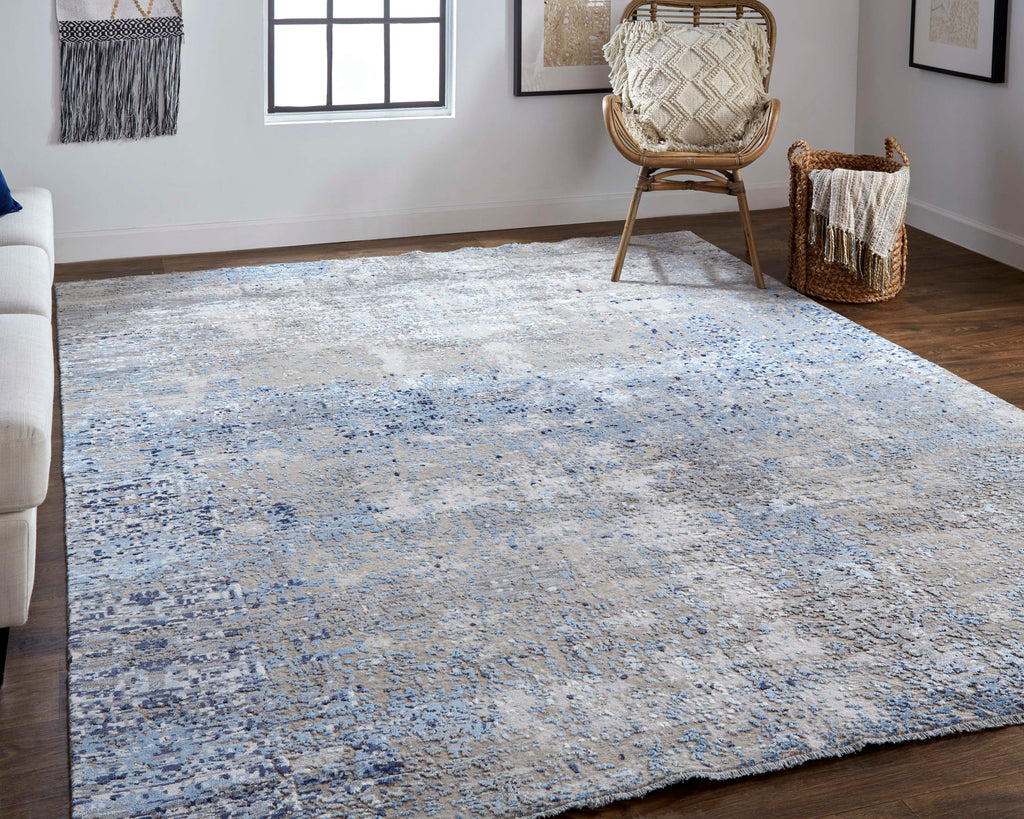 Fowler Transitional Watercolor Blue Ivory Silver Area Rug (5'6" x 8'6")