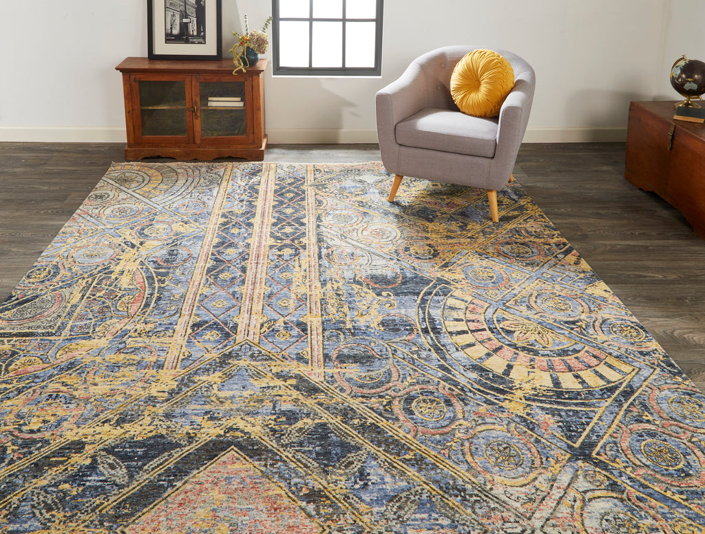 Blanchard Transitional Geometric Gray Gold Blue Area Rug (8'6" x 11'6")