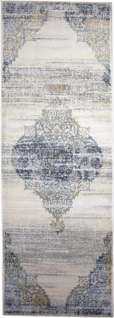 Marigold Transitional Medallion Blue Gray Gold Area Rug (2'10" x 8')