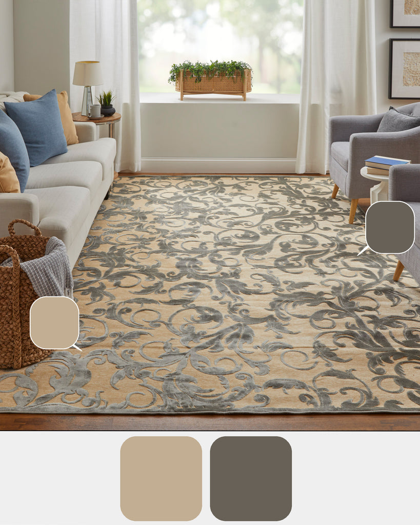 Saphir Zam Transitional Floral Botanical Tan Gray Area Rug (2'6" x 8')