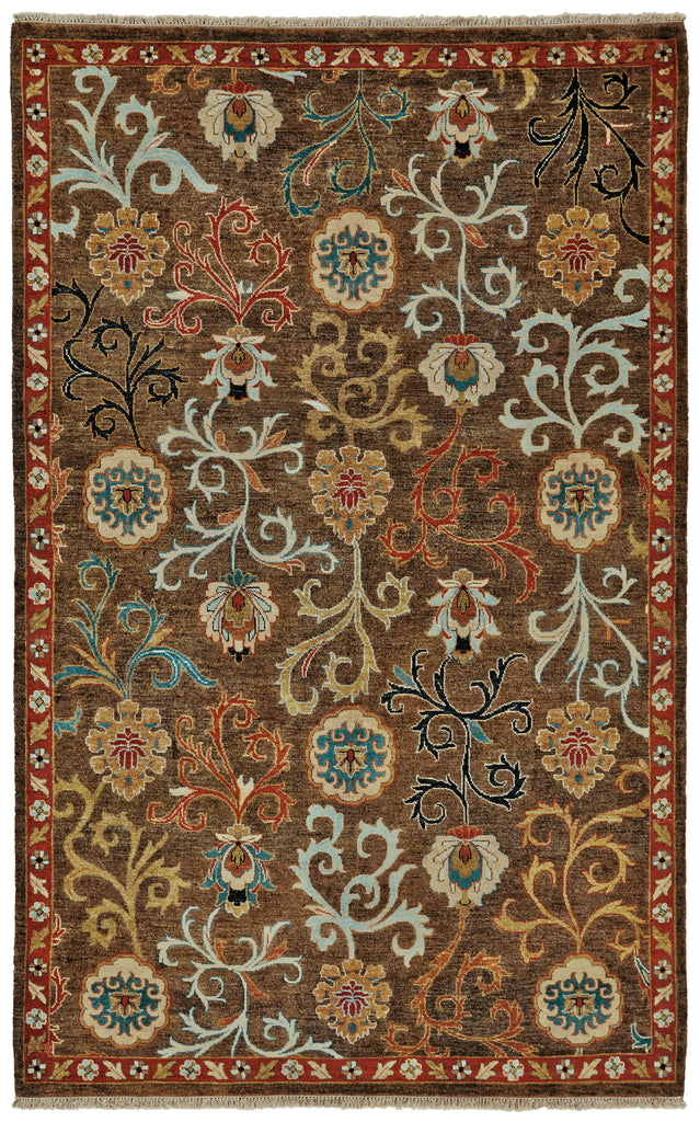 Namche Transitional Damask Brown Red Ivory Area Rug (5'6" x 8'6")