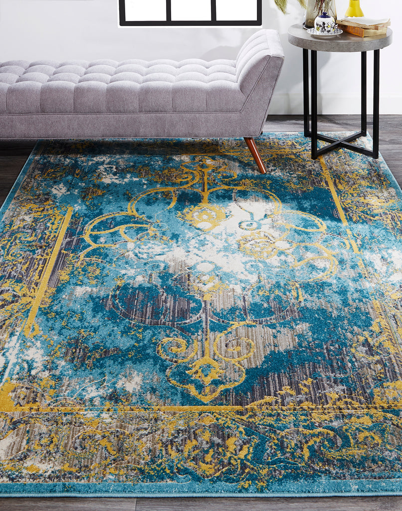 Keats Transitional Distressed Blue Yellow Taupe Area Rug (2'7" x 8')