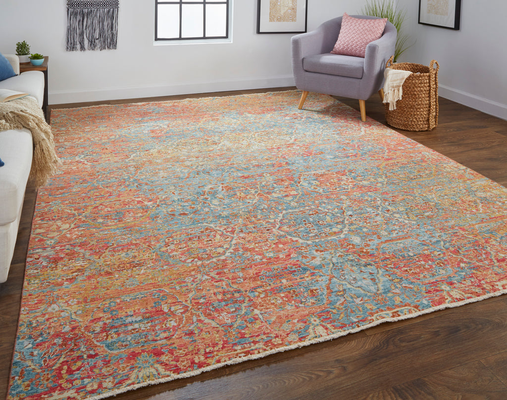 Siena Transitional Distressed Orange Blue Yellow Area Rug (2' x 3')