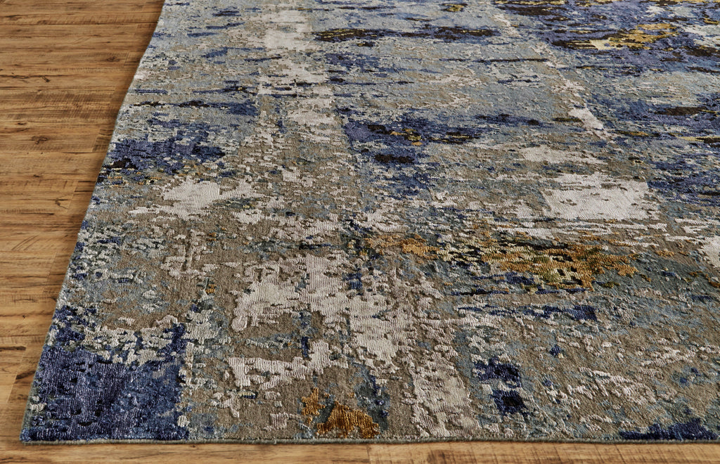 Lor Modern Abstract Blue Brown Ivory Area Rug (11'6" x 15')