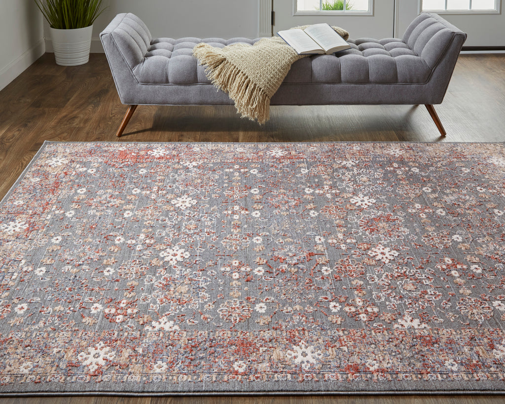 Thackery Transitional Oriental Gray Pink Red Area Rug (9' x 12'7")