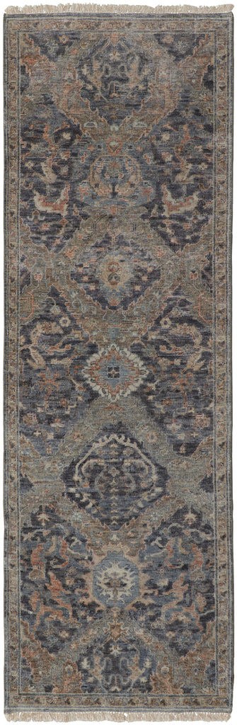 Marabel Traditional Damask Blue Taupe Brown Area Rug (2'6" x 10')