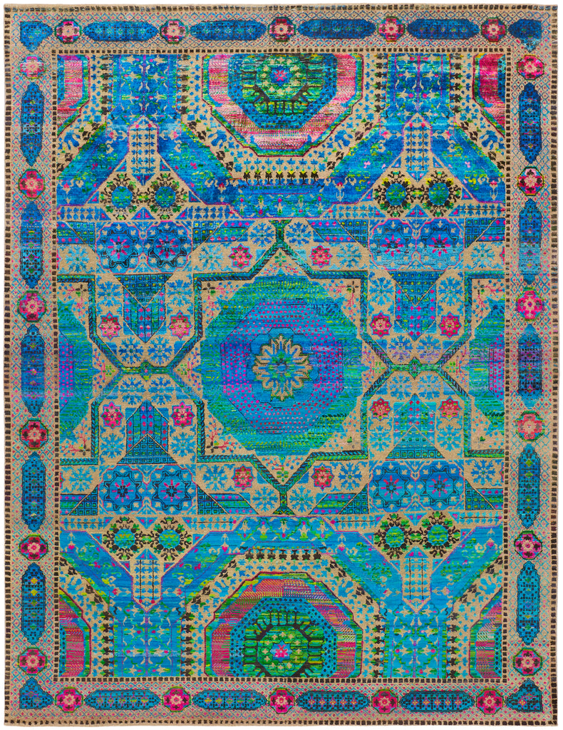 Latham Transitional Bordered Blue Green Red Area Rug (9'6" x 13'6")