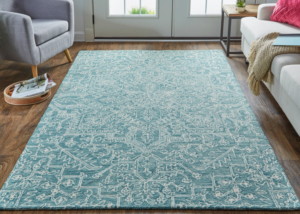 Belfort Transitional Medallion Blue Ivory Green Area Rug (2' x 3')