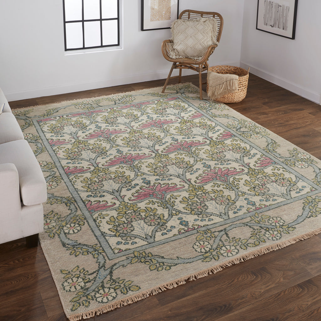 Beall Traditional Floral Botanical Ivory Pink Green Area Rug (3'6" x 5'6")