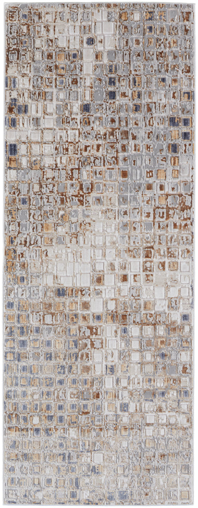 Laina Transitional Geometric Tan Ivory Blue Area Rug (3' x 12')