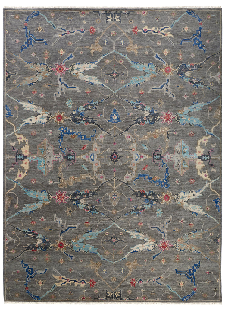 Bhatia Traditional Floral Botanical Gray Blue Red Area Rug (9'6" x 13'6")