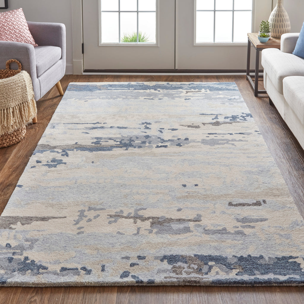 Everley Modern Abstract Blue Gray Ivory Area Rug (12' x 15')