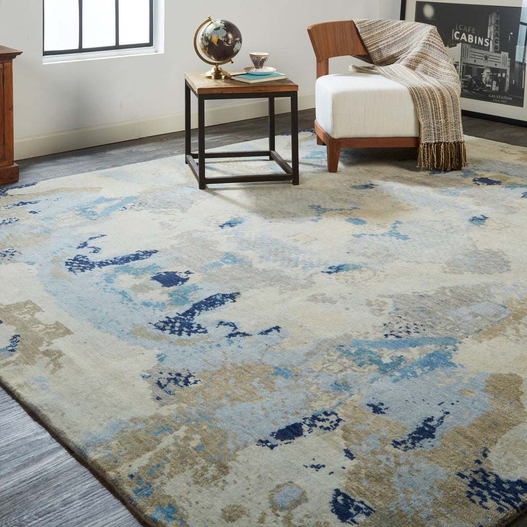 Leandra Modern Watercolor Tan Taupe Blue Area Rug (2' x 3')