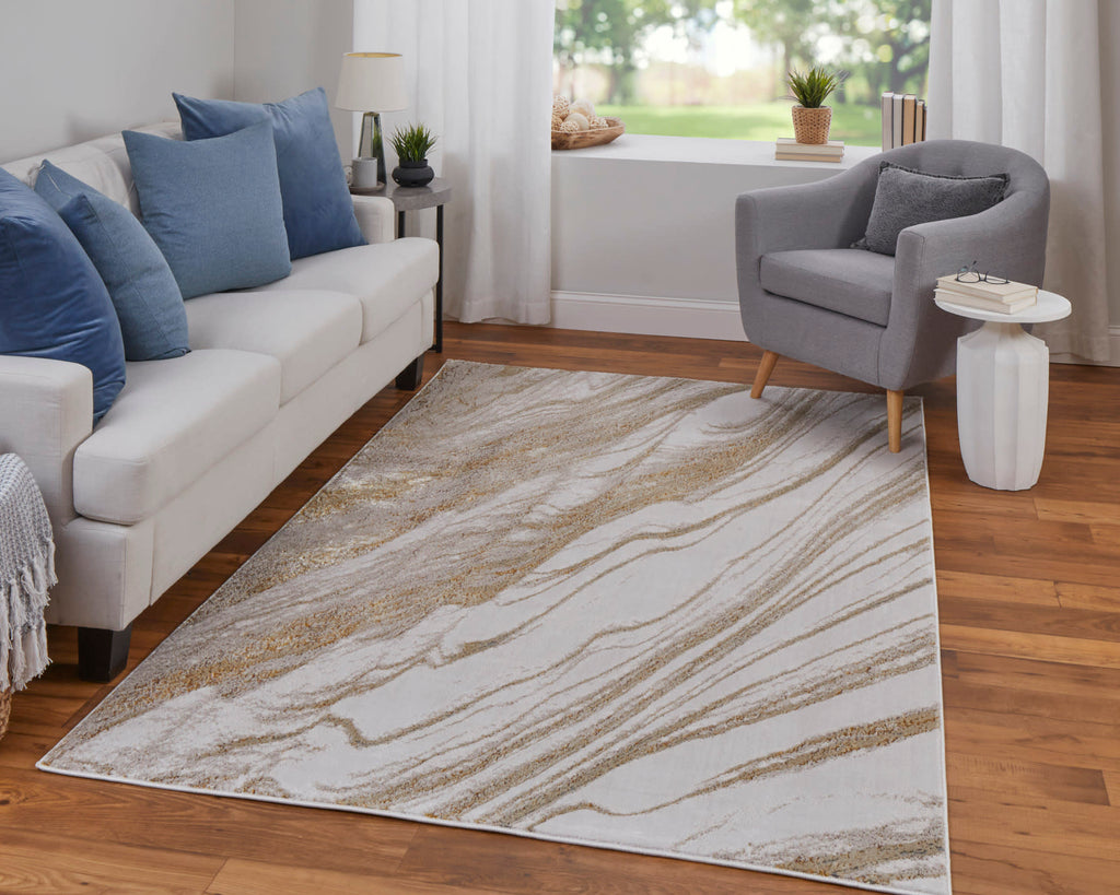 Aura Modern Abstract Ivory Taupe Gold Area Rug (5' x 8')