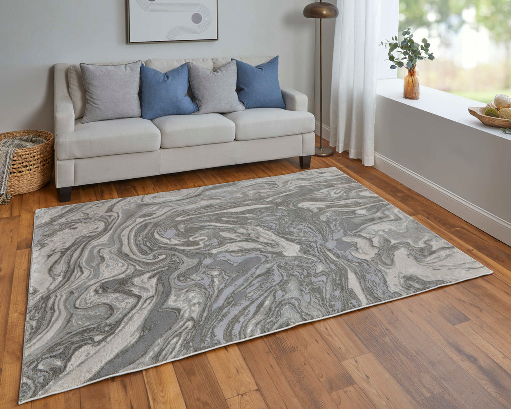 Prasad Modern Watercolor Gray Ivory Silver Area Rug (2'10" x 7'10")