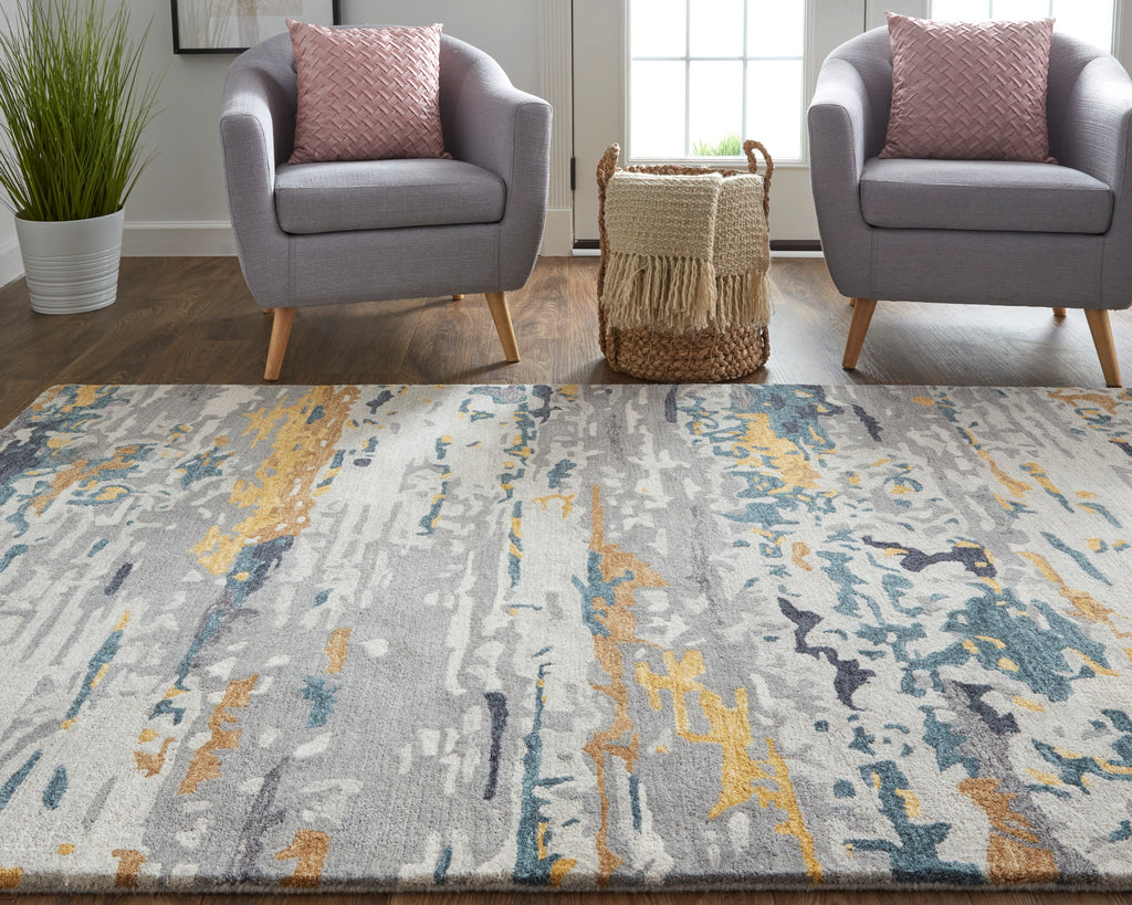 Everley Modern Abstract Gray Yellow Blue Area Rug (8' x 10')