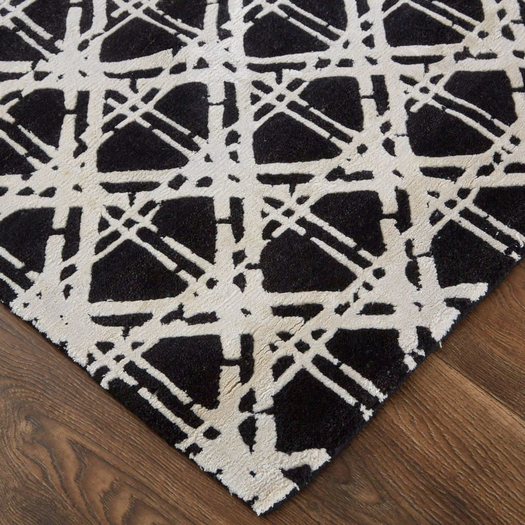 Bamboo Lattice Modern Geometric Black White Ivory Area Rug (8'6" x 11'6")