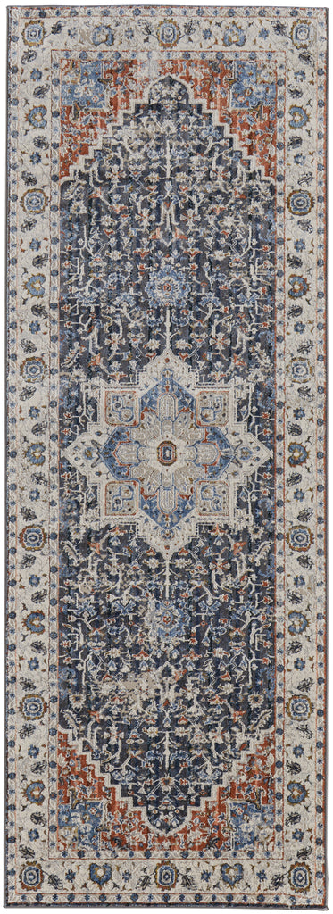 Kaia Transitional Medallion Ivory Blue Red Area Rug (3' x 10')