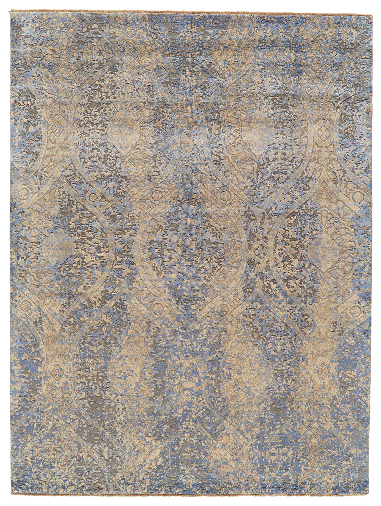 Doshi Transitional Damask Yellow Blue Tan Area Rug (8'6" x 11'6")