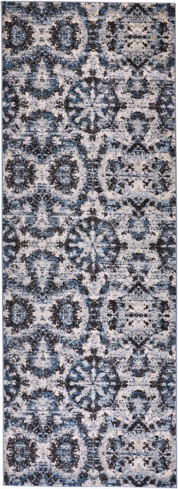 Ainsley Traditional Ikat Blue Black Ivory Area Rug (6'7" x 9'6")