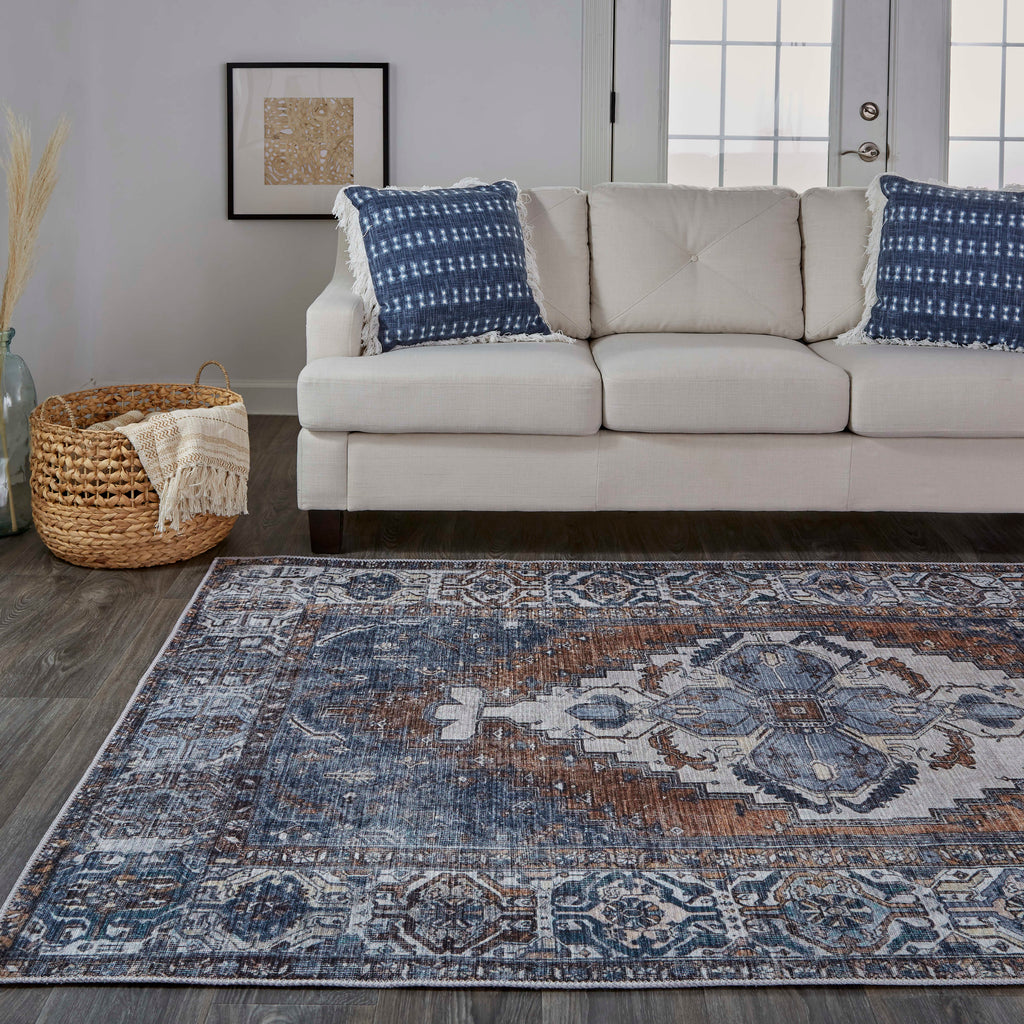 Percy Transitional Medallion Blue Ivory Brown Area Rug (5'3" x 7'6")