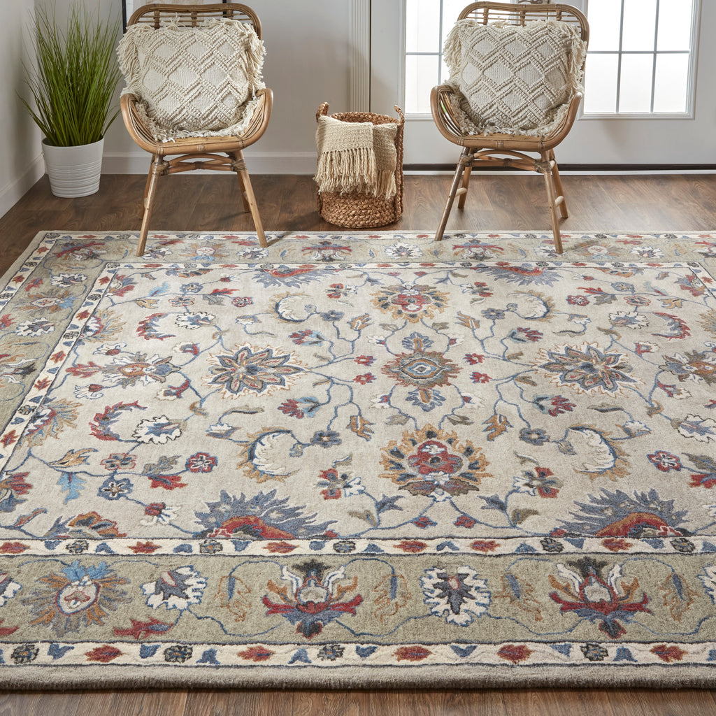 Rylan Transitional Oriental Ivory Taupe Blue Area Rug (9' x 12')