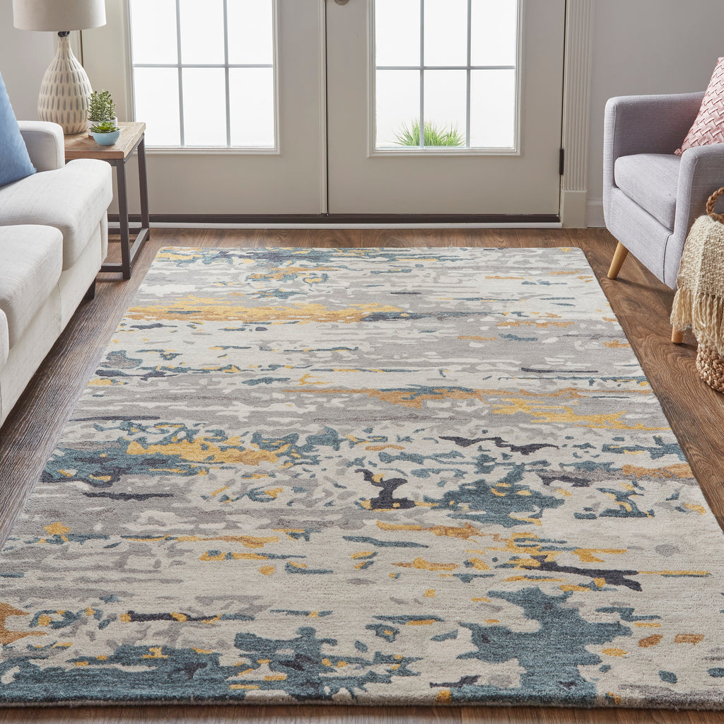 Everley Modern Abstract Gray Yellow Blue Area Rug (8' x 10')