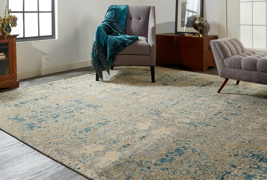 Elanor Transitional Damask Tan Ivory Blue Area Rug (2' x 3')