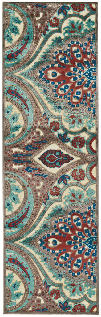 Saphir Obzeet Modern Paisley Tan Taupe Blue Area Rug (2'6" x 8')