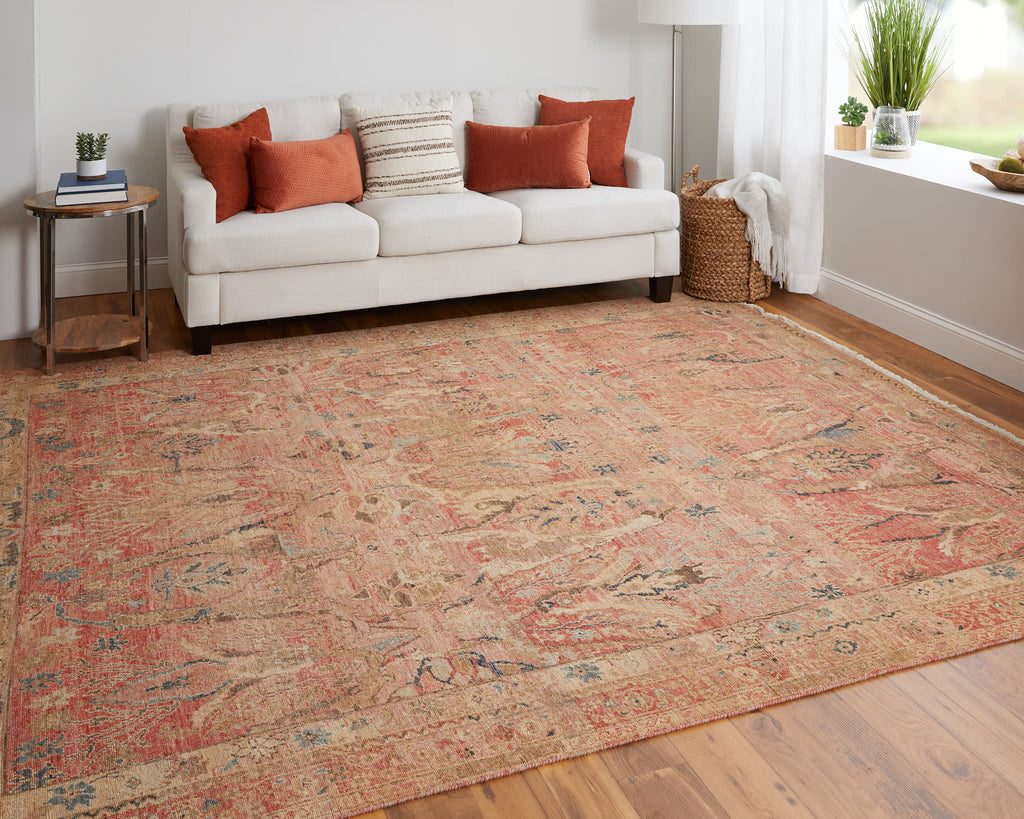 Ronin Transitional Bordered Red Orange Tan Area Rug (7'9" x 9'9")