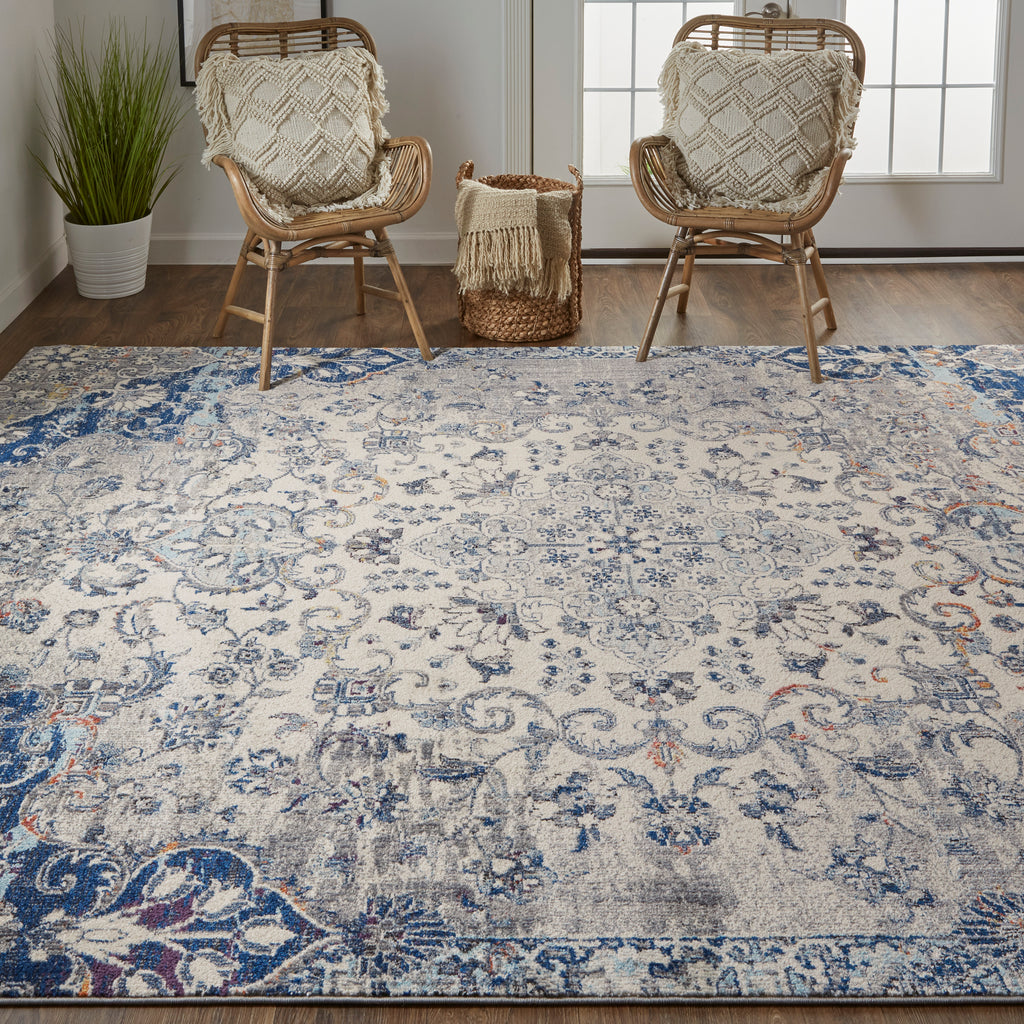 Bellini Transitional Medallion Ivory Gray Blue Area Rug (6'7" x 9'6")