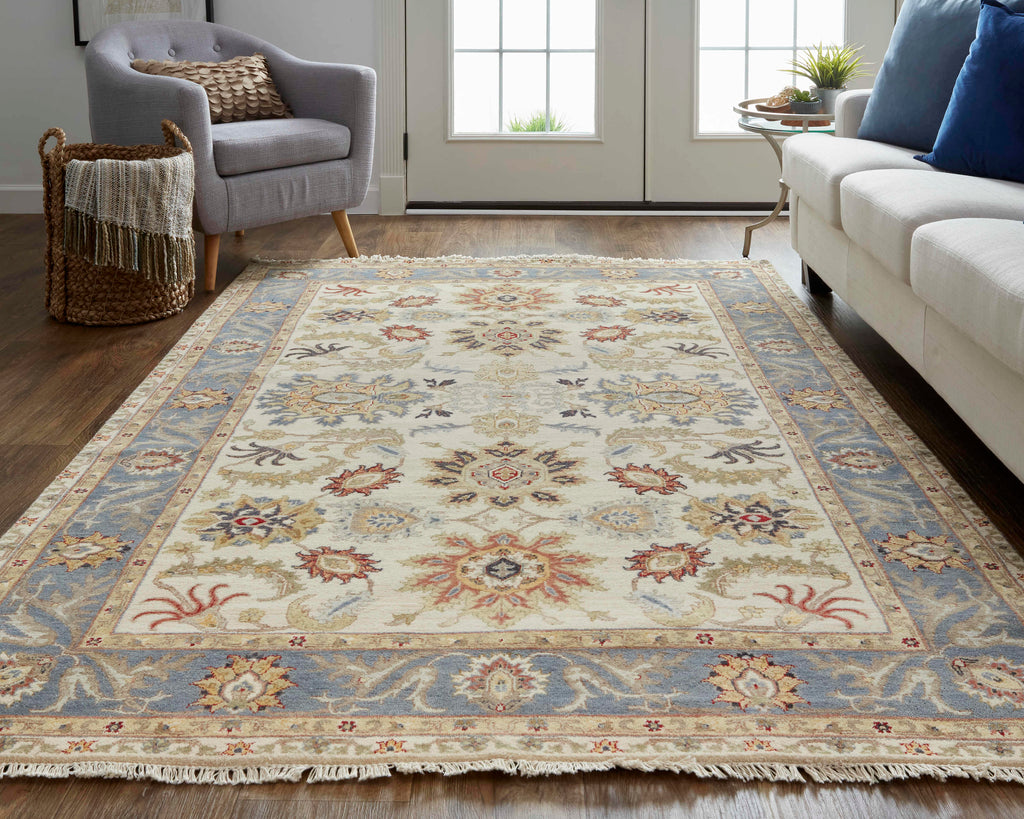 Bhatia Traditional Oriental Ivory Blue Yellow Area Rug (7'9" x 9'9")