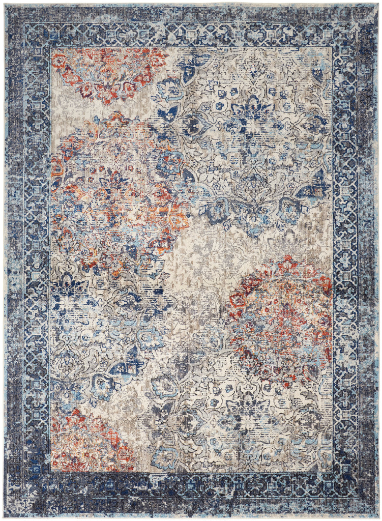 Bellini Transitional Medallion Blue Ivory Red Area Rug (6'7" x 9'6")