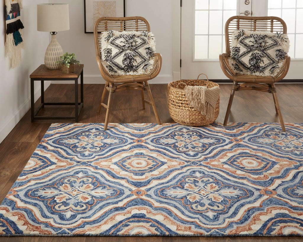 Rhett Transitional Medallion Blue Orange Ivory Area Rug (8' x 10')