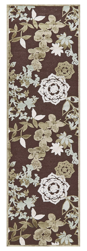 Saphir Mah Modern Floral Botanical Brown Green Ivory Area Rug (2'6" x 8')