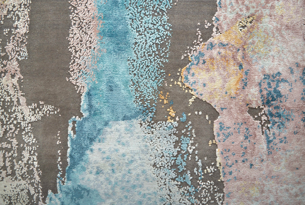 Montfort Modern Watercolor Gray Gold Blue Area Rug (5'6" x 8'6")