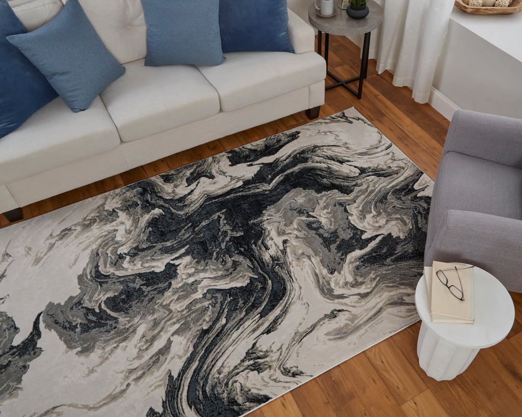 Micah Modern Abstract Ivory Black Taupe Area Rug (8' x 10')