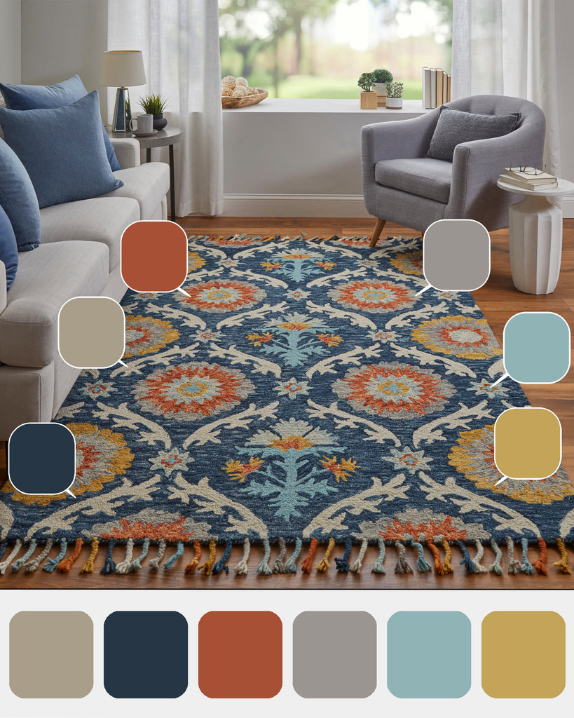 Abelia Transitional Floral Botanical Blue Yellow Orange Area Rug (5' x 8')