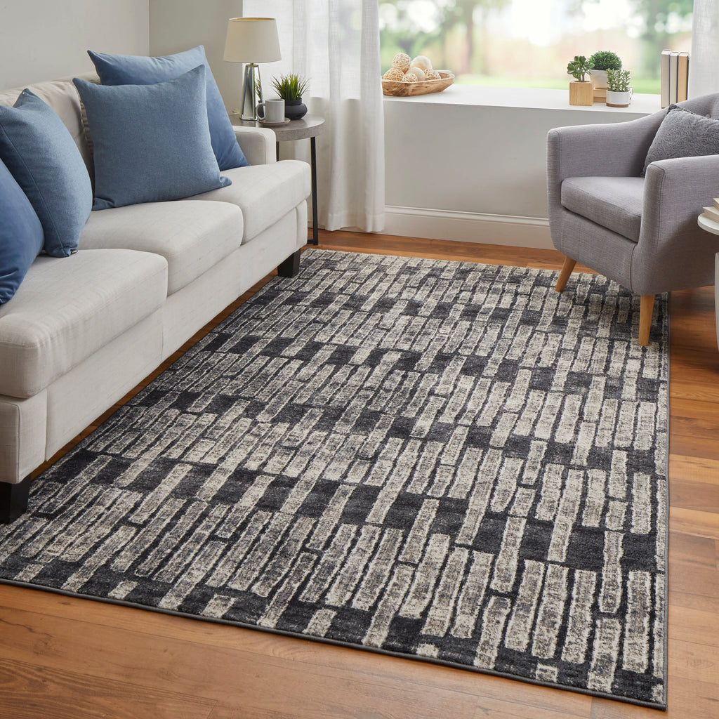 Kano Transitional Geometric Gray Black Ivory Area Rug (2'2" x 3')