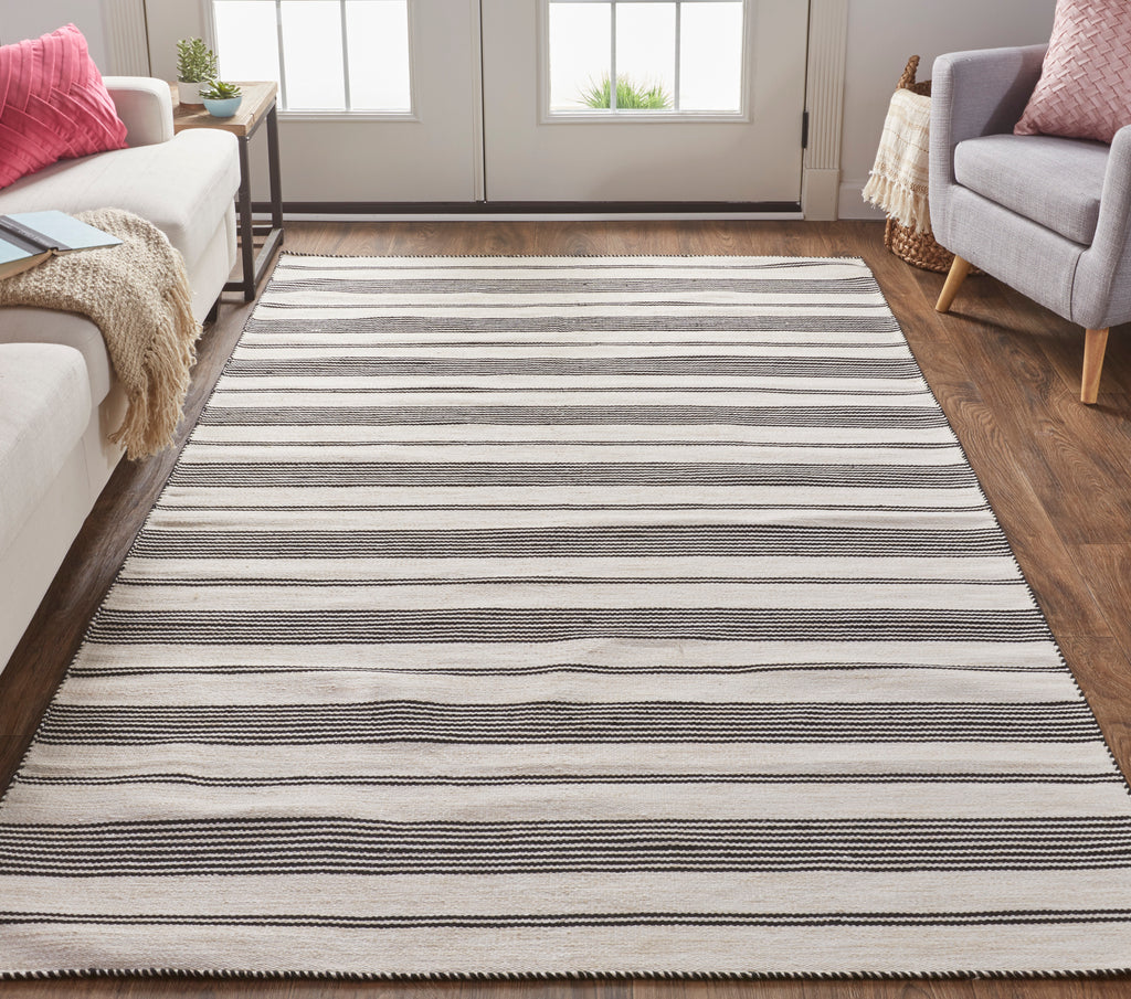 Duprine Transitional Stripes Black White Ivory Area Rug (5' x 8')