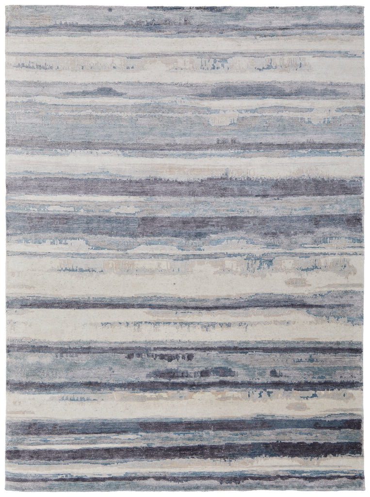 Kessler Modern Stripes Blue Ivory Gray Area Rug (7'9" x 9'9")