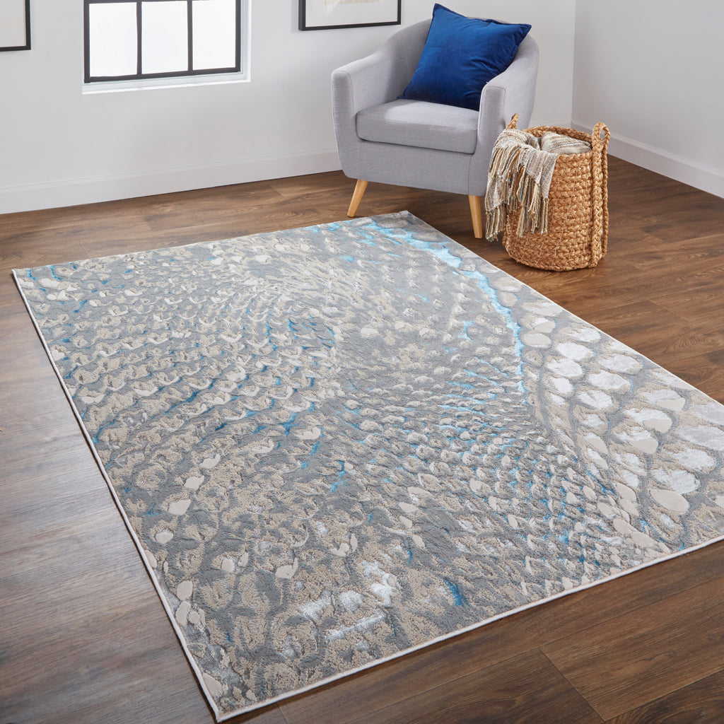 Azure Modern Abstract Blue Silver Gray Area Rug (6'7" x 9'6")